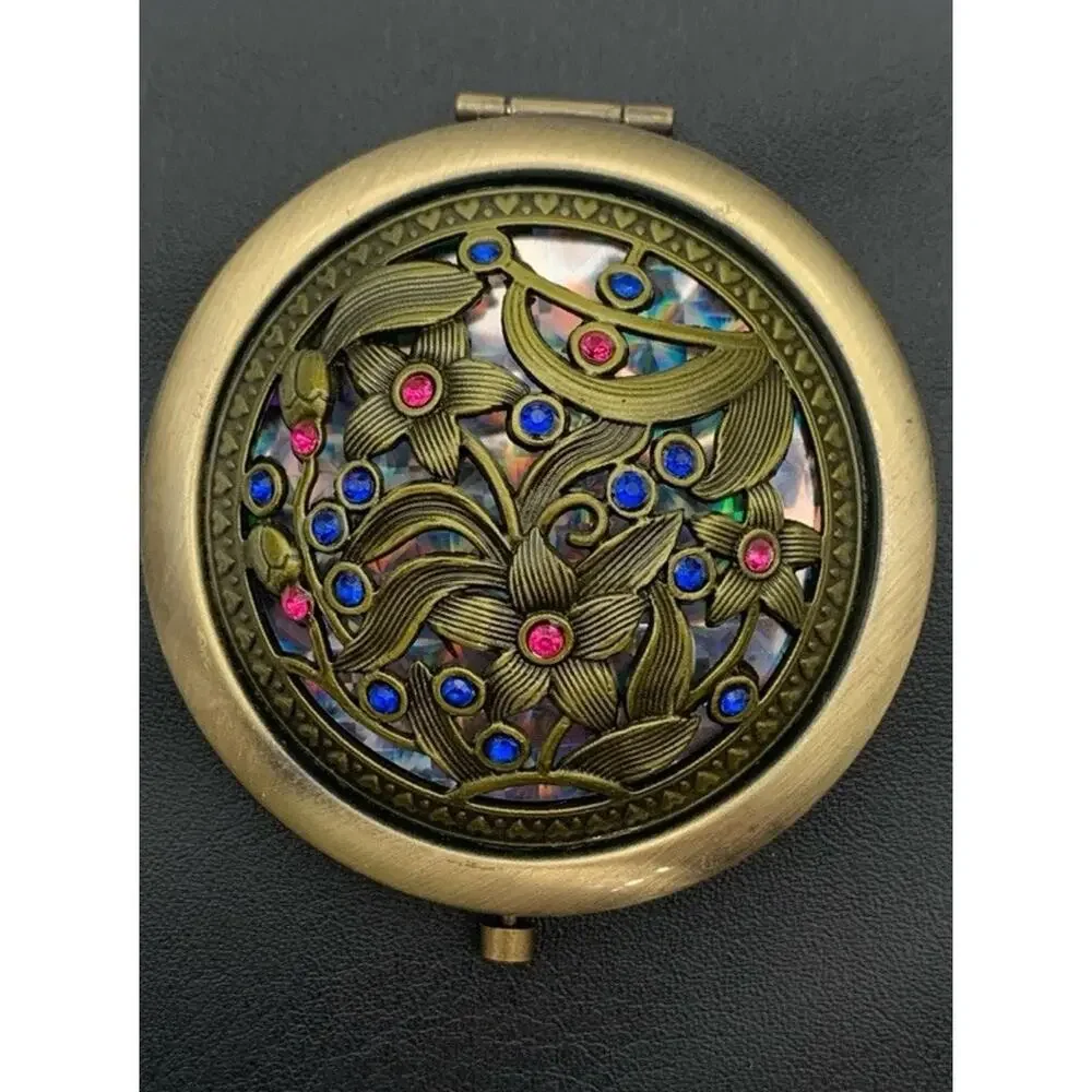 Dual Mirror Compact Floral Jeweled Brass Tone Iridescent Background Boho NWOT